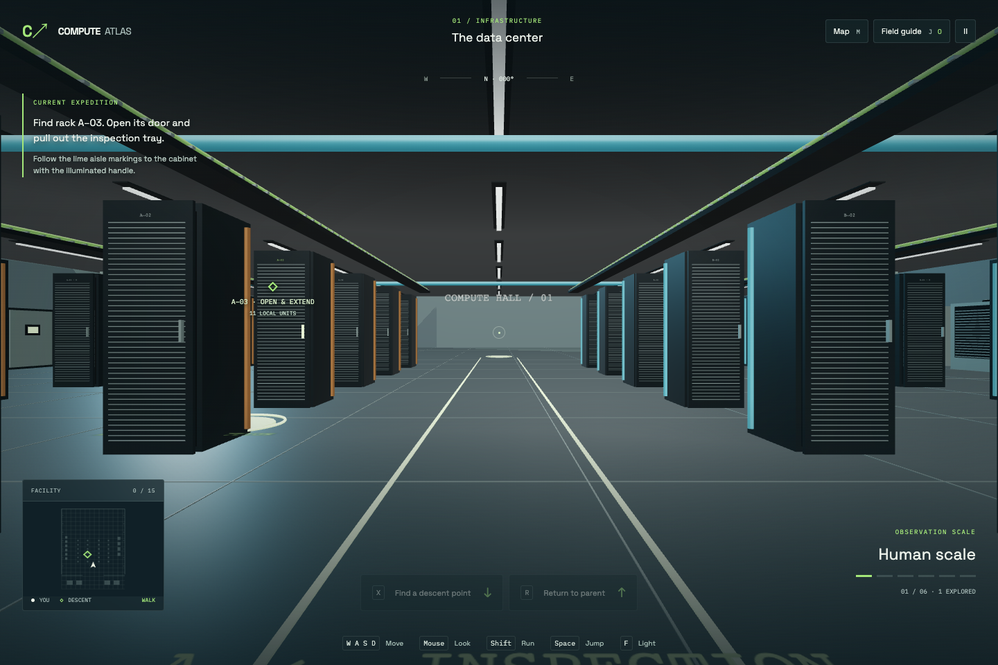 First-person view down a Compute Atlas data-center aisle, with server racks and overhead cooling lines.