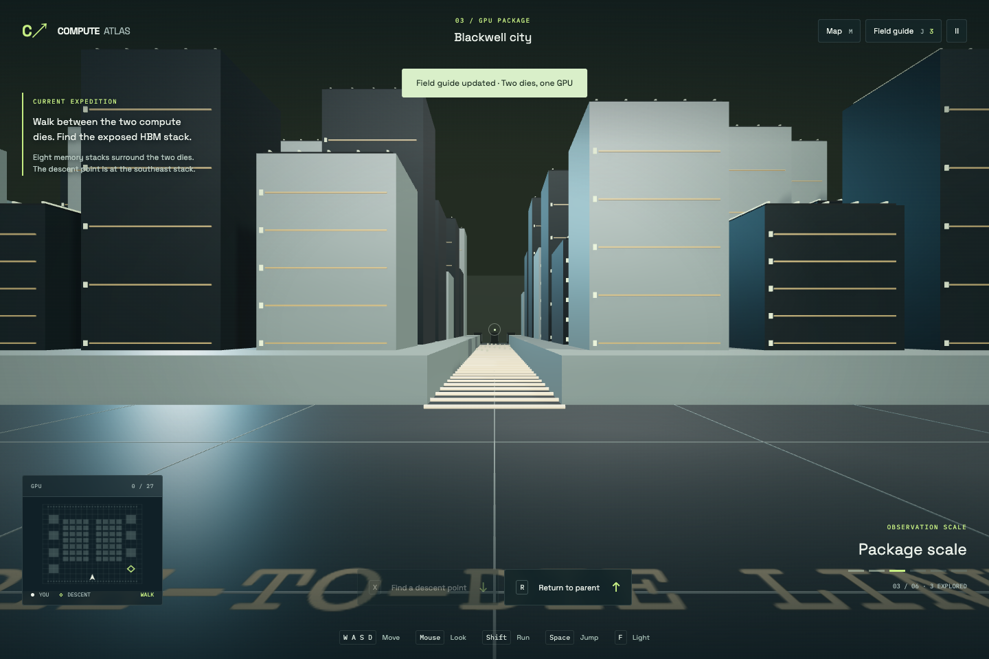 The Blackwell city environment, with tall geometric compute districts on either side of a central walkway.