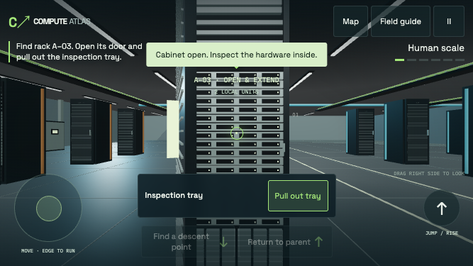 Landscape mobile layout showing a thumbstick, an open server rack, a Pull out tray button, and a jump control.